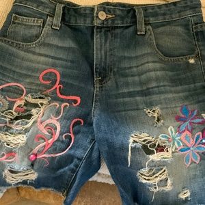 Hand embroidered denim shorts